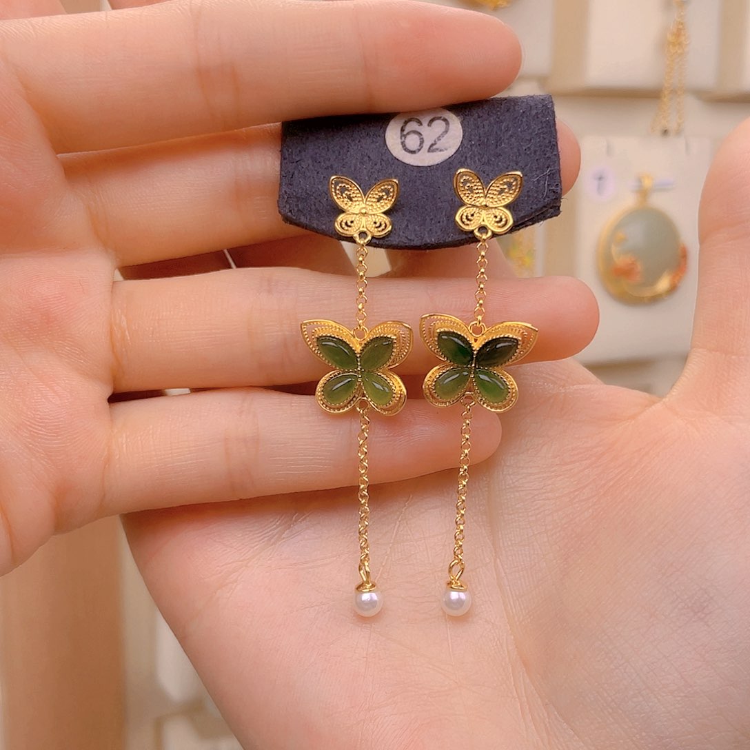 和田玉耳饰银S925镀金镶嵌