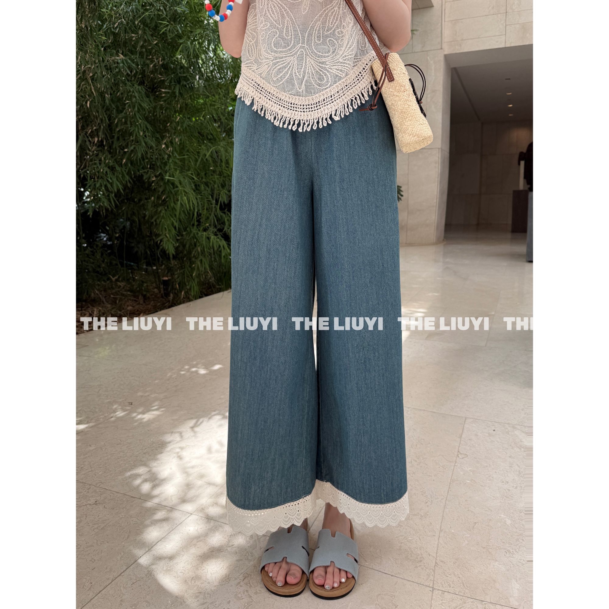 【LIUYI】凉意裤~韩系花边直筒九分休闲裤56286