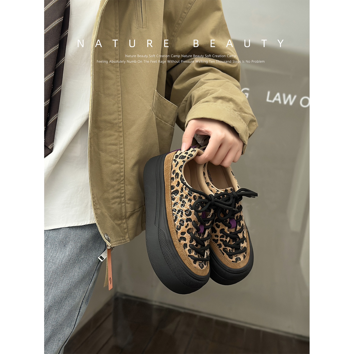 自然卷复古增高休闲面包鞋格子豹纹新松糕厚底板鞋德训鞋饼干鞋女