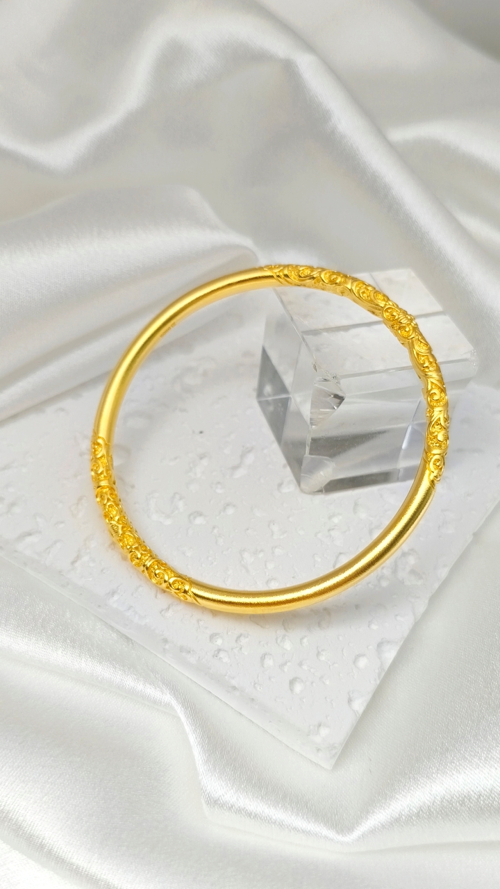 足银手镯 中国风原创设计通用圈口女金色卷草纹镯子