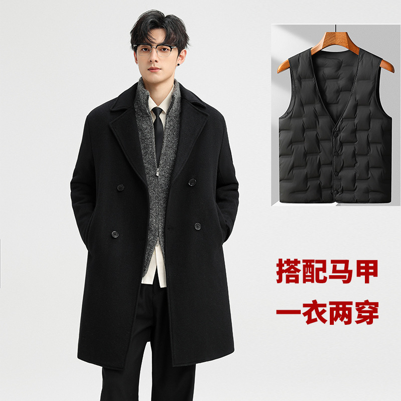 秋冬双排扣羊绒大衣男中长款韩版修身羽绒脱卸内胆羊毛呢风衣外套