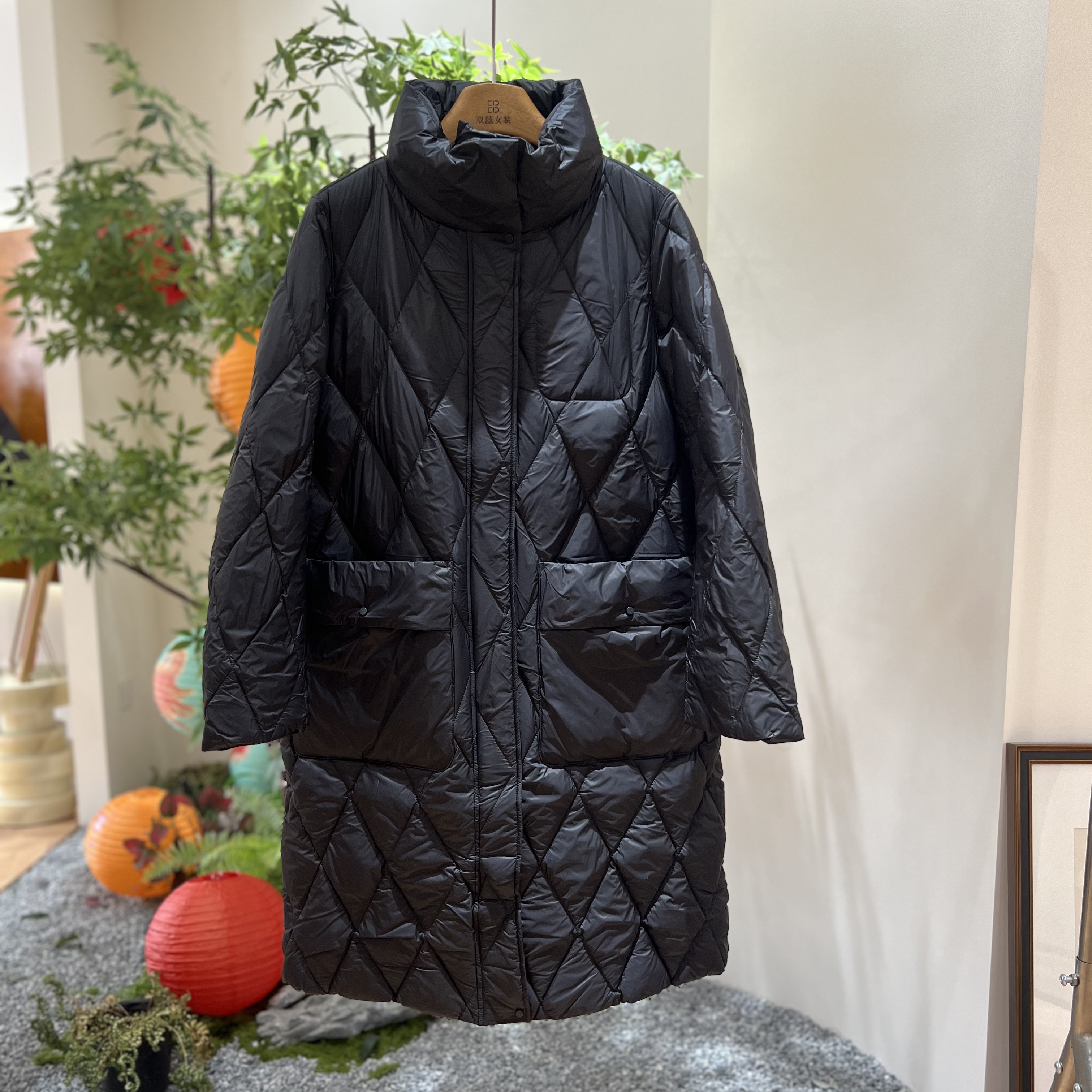 【囍】冬款白鸭绒女士菱形格中长款立领羽绒服外套