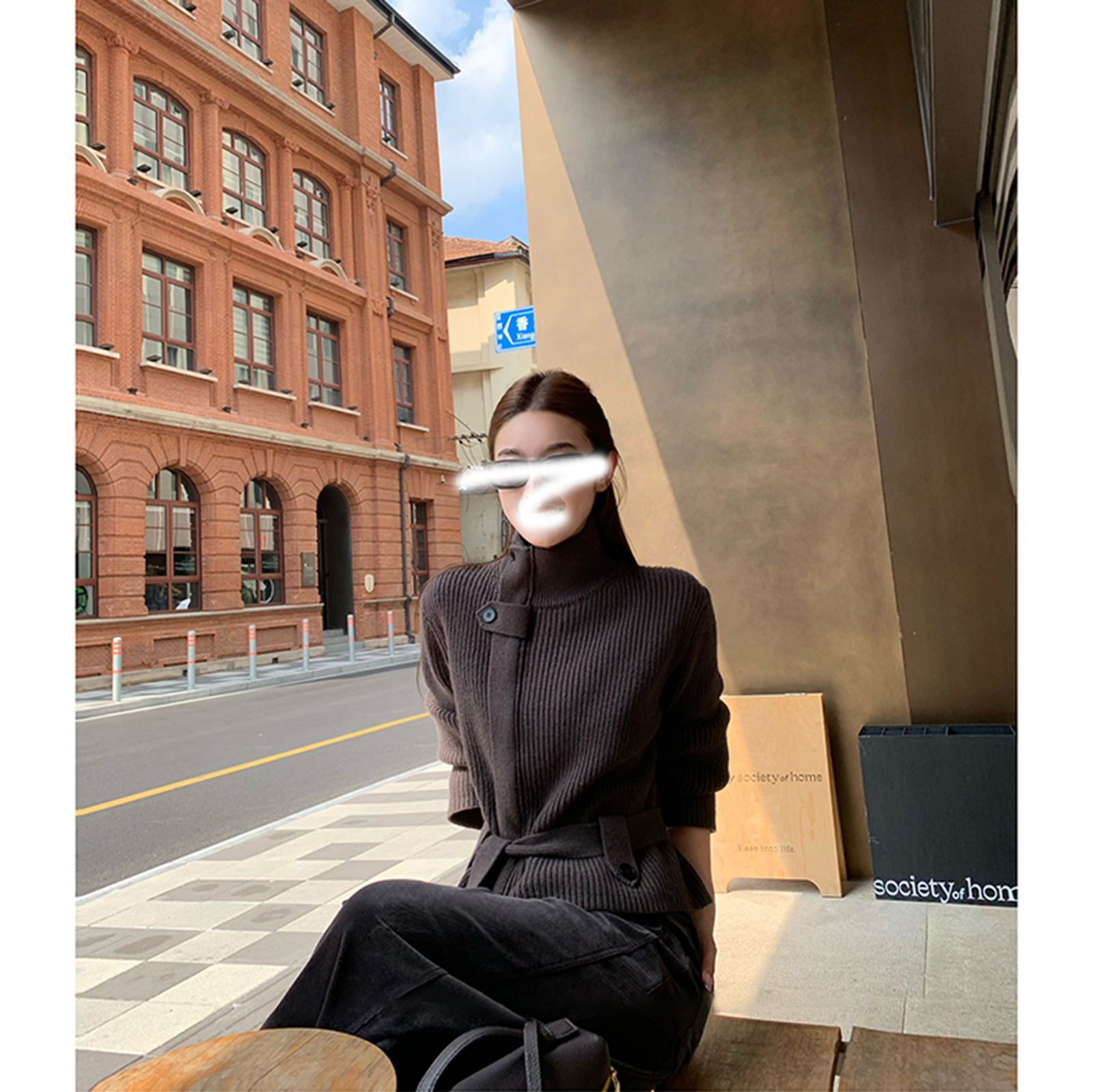 里约记事 休闲长袖高领毛衣秋冬宽松百搭针织衫系带设计外套女