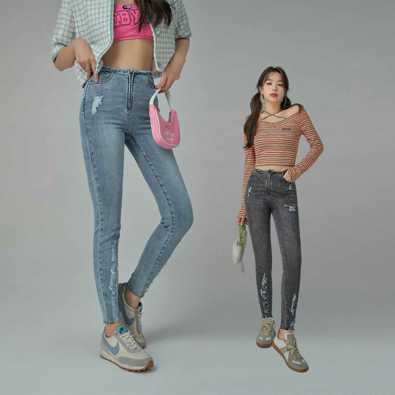 【陈嘉尔专属】CHUU毛边破洞铅笔九分裤女高腰修身小脚牛仔裤-Q