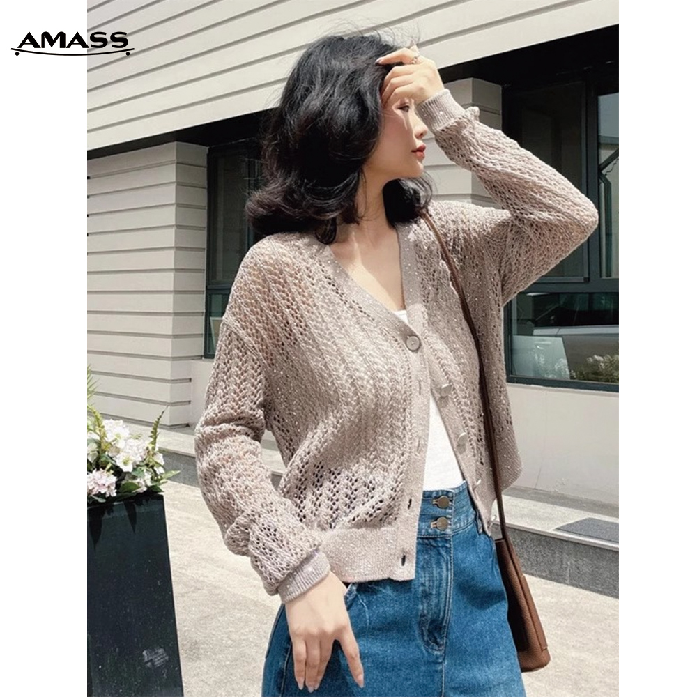 AMASS/阿玛施夏季亚麻细闪薄款镂空气质短款长袖针织开衫5499257
