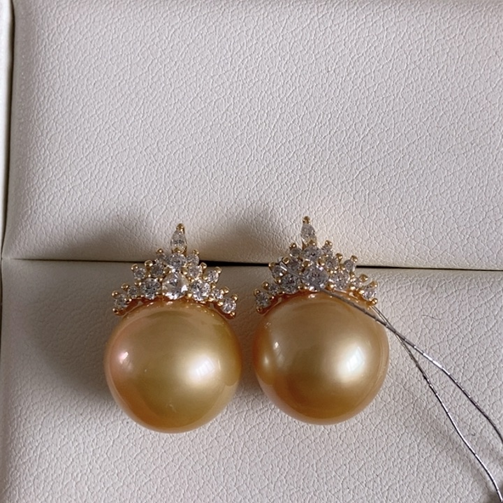 海水珍珠耳饰银S925镶嵌13-14mm