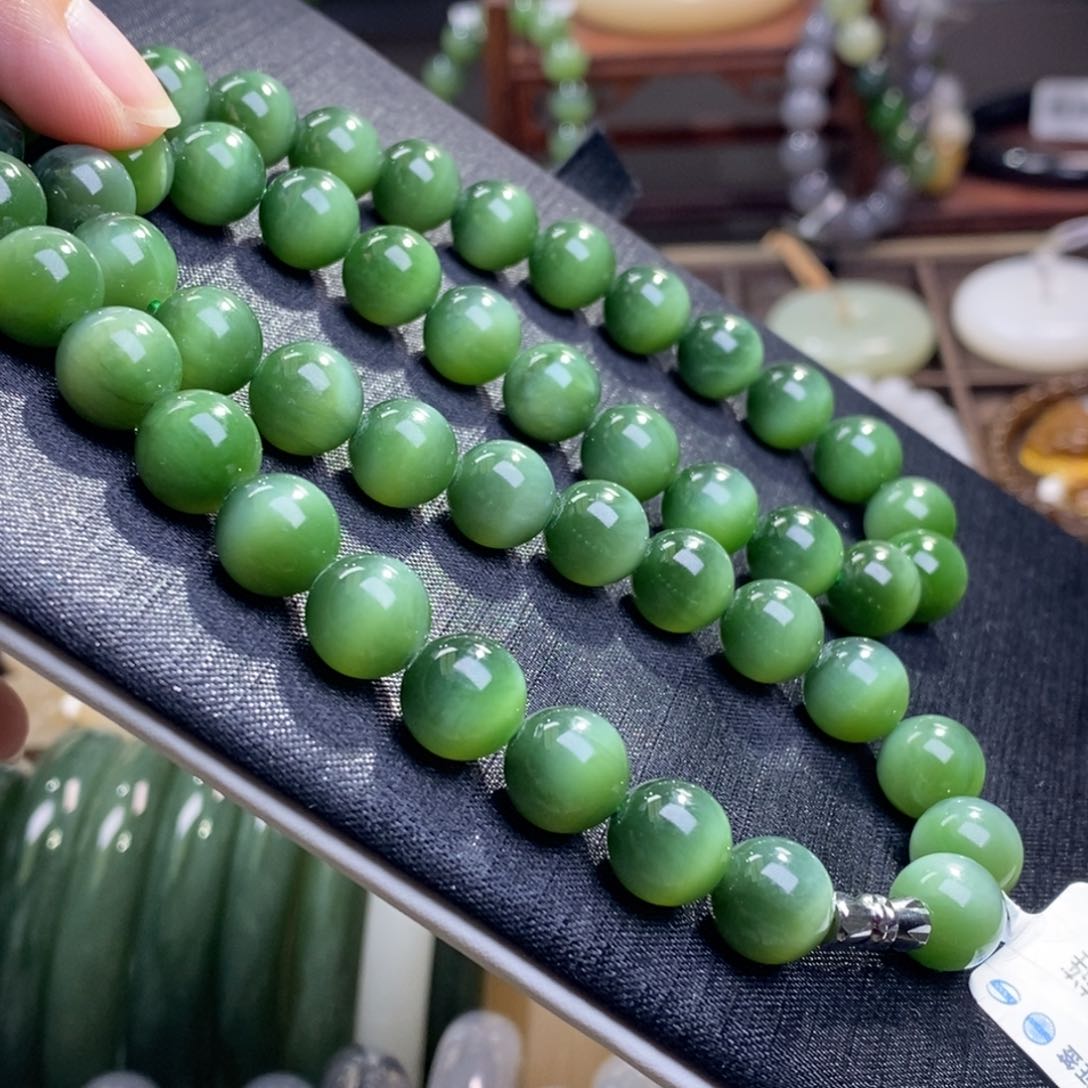 和田玉碧玉猫眼银镶妈妈链毕业级10MM未镶嵌