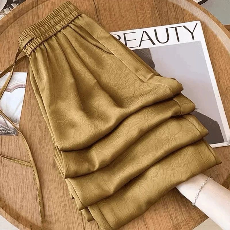 褶皱肌理~新中式高端醋酸缎面垂感裤子女士休闲裤长裤窄版直筒裤