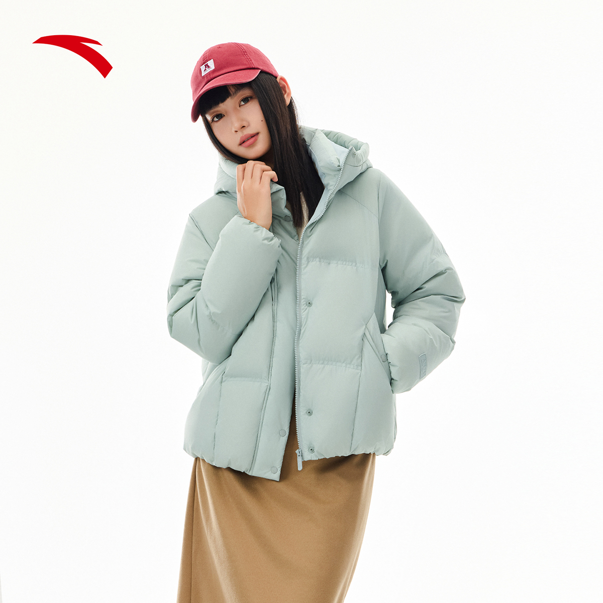 安踏防泼水羽绒服短款女装冬季新款潮流百搭鸭绒面包服羽绒服外套