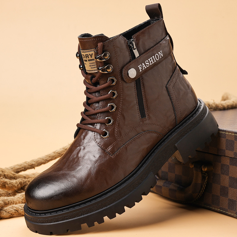 新款高帮厚底男靴英伦风潮流马丁靴男保暖加绒工装靴