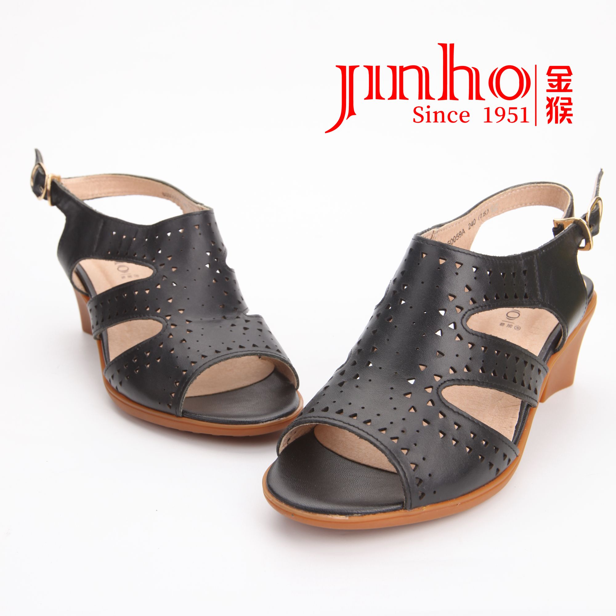 Jinho/金猴【仓壹】坡跟镂空一字式扣带罗马凉鞋平底防滑休闲软底