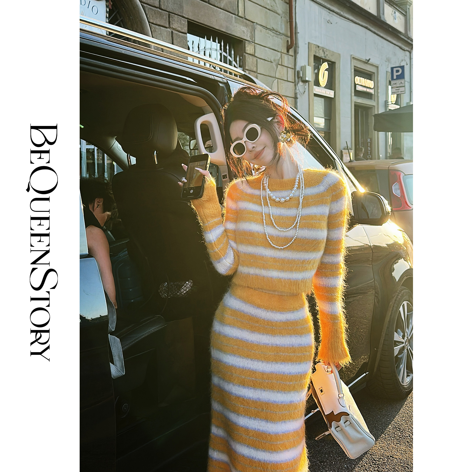 余潇潇【热恋磁场】羊驼毛气质条纹毛衣