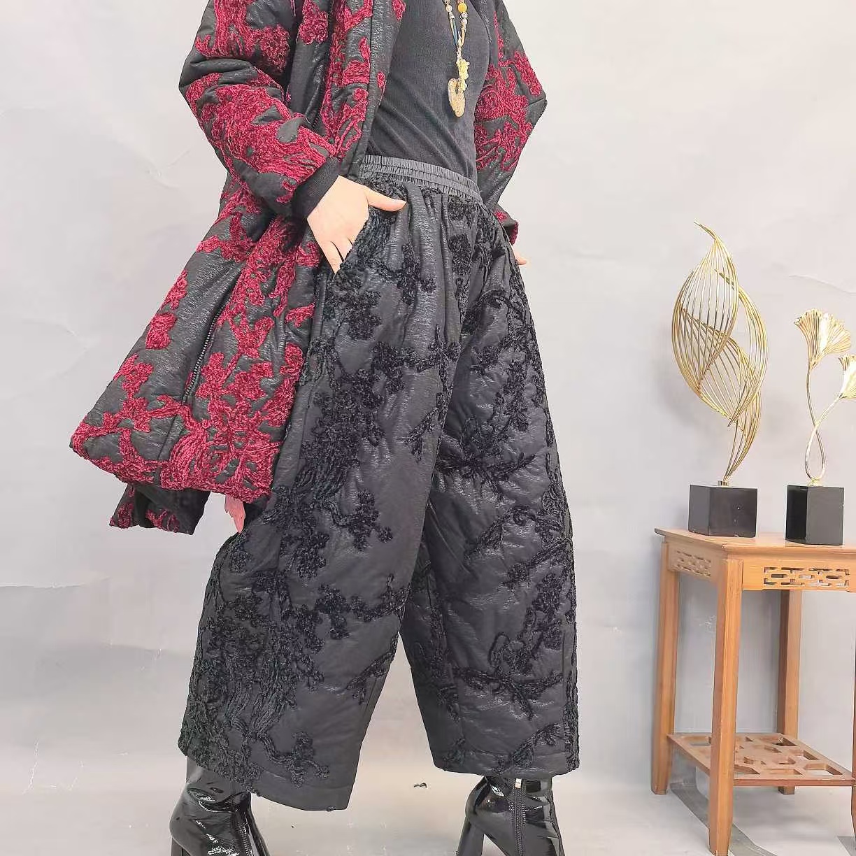 8661高端提花加棉宽松女士冬季新款花苞裤子