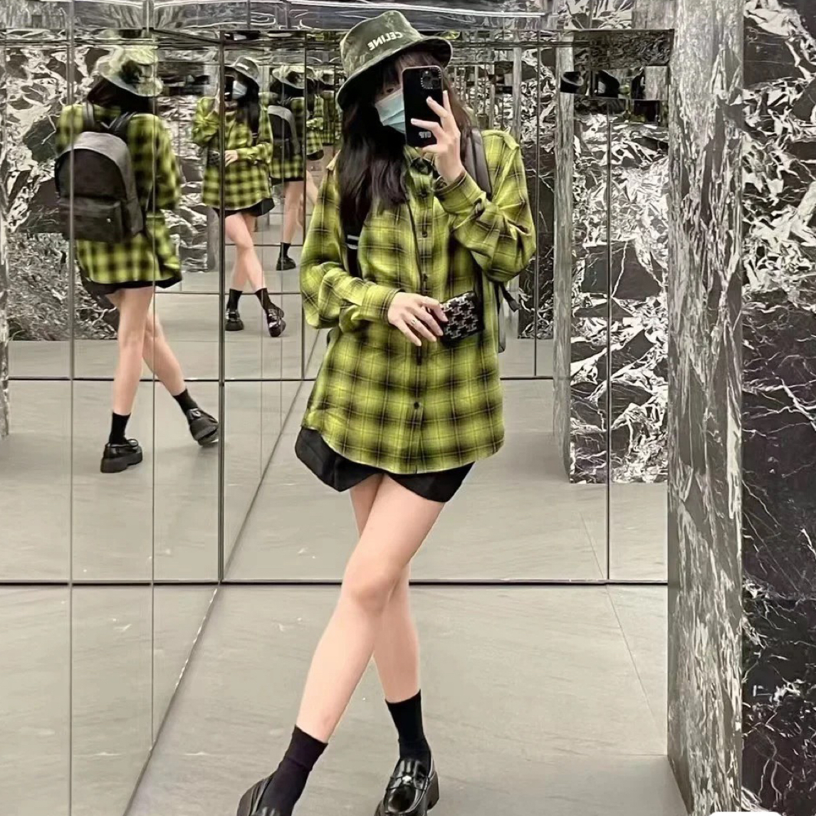 99新 Celine/思琳 荧光 黄色 23ss 格纹 长袖 衬衫 41码