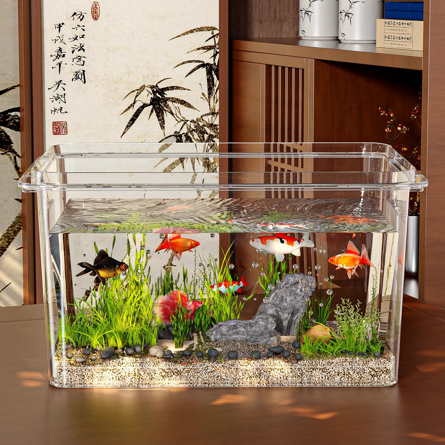 透明仿玻璃鱼缸小型桌面家用办公室金鱼小龟迷你方形亚克力水缸