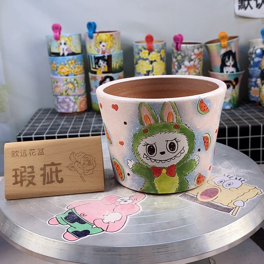 紫砂花盆红陶手绘花盆