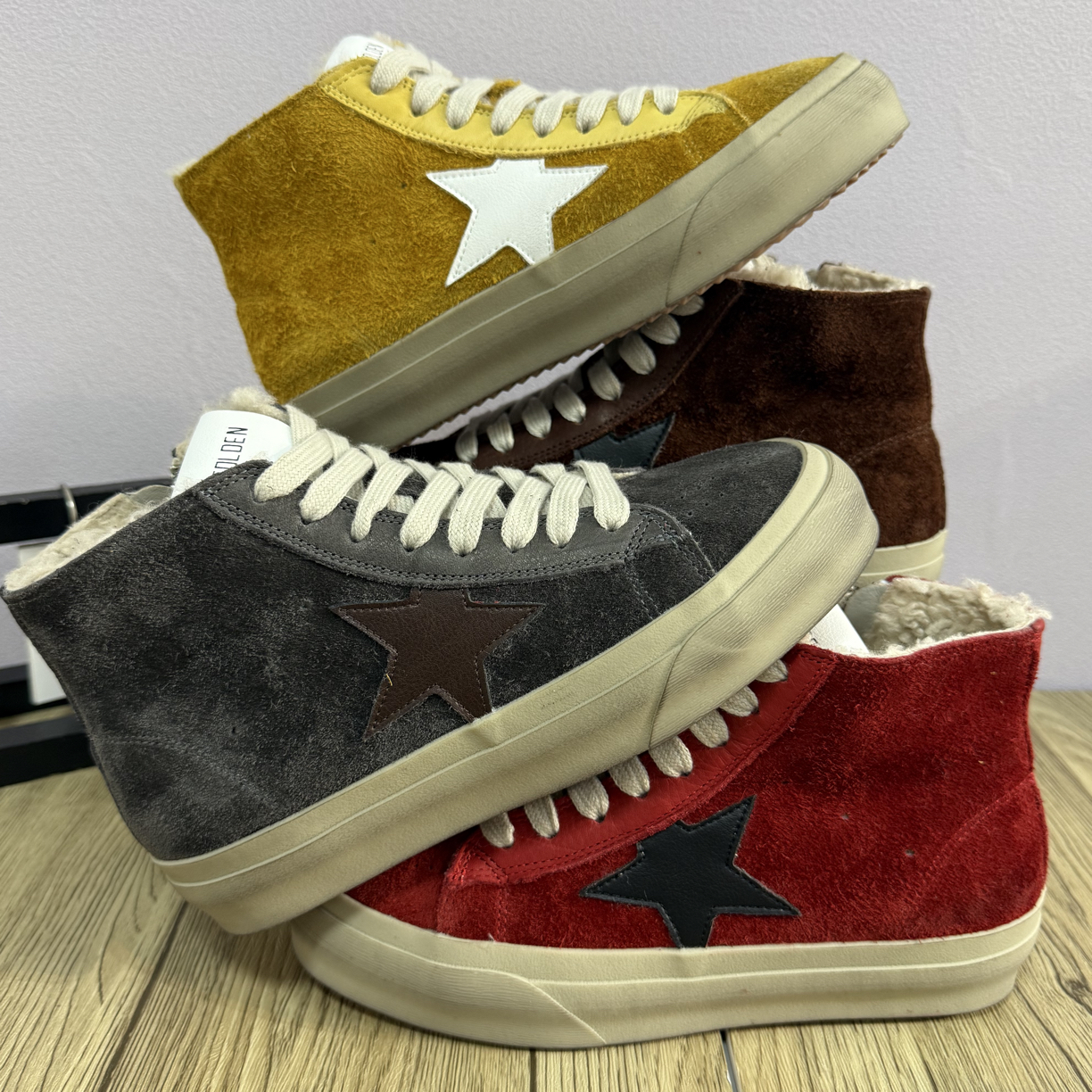 2025冬季潮鞋保暖星星中帮胶粘圆头做旧高帮鞋系带