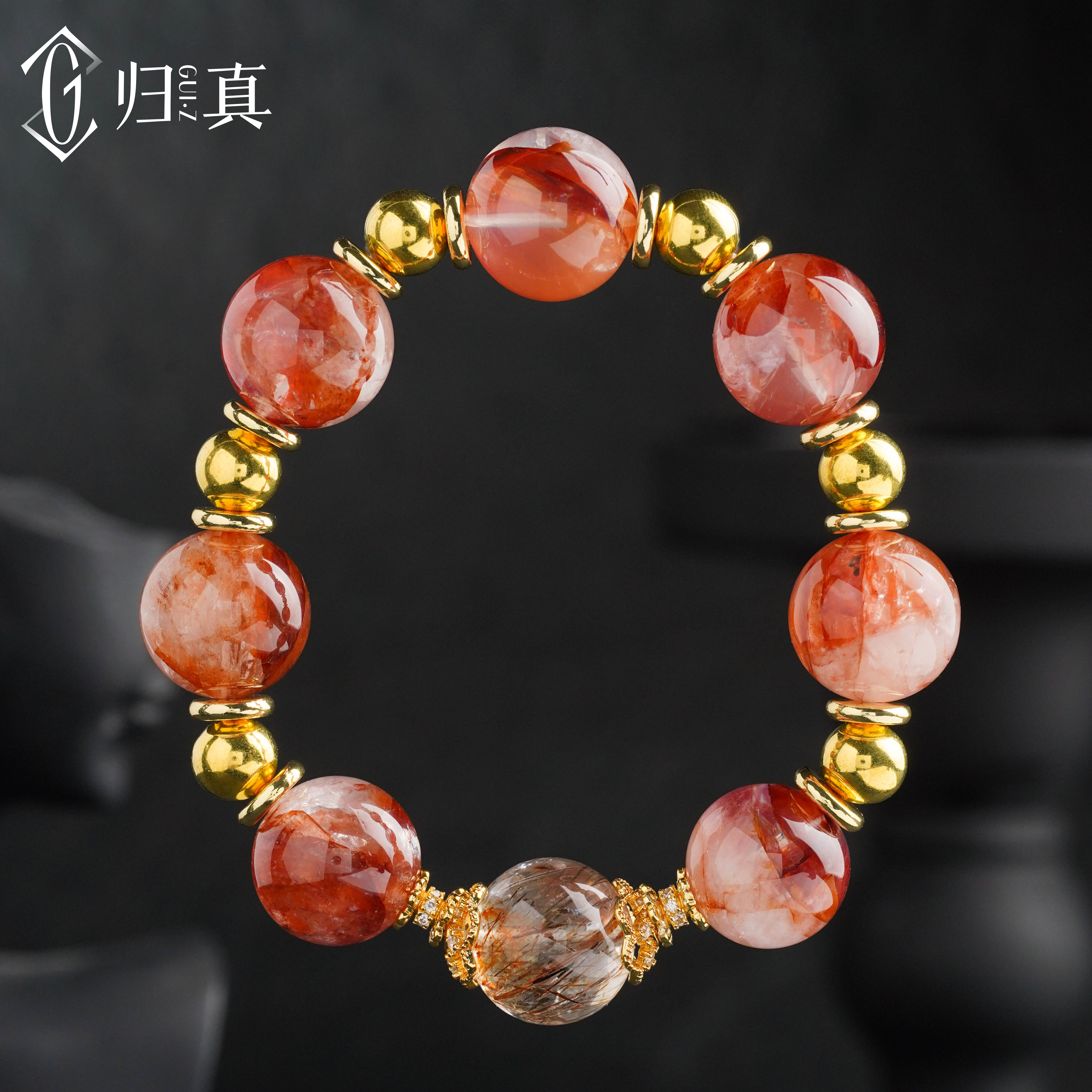 归真盛放 黑金超七 红胶花天然水晶手串 多样性发货