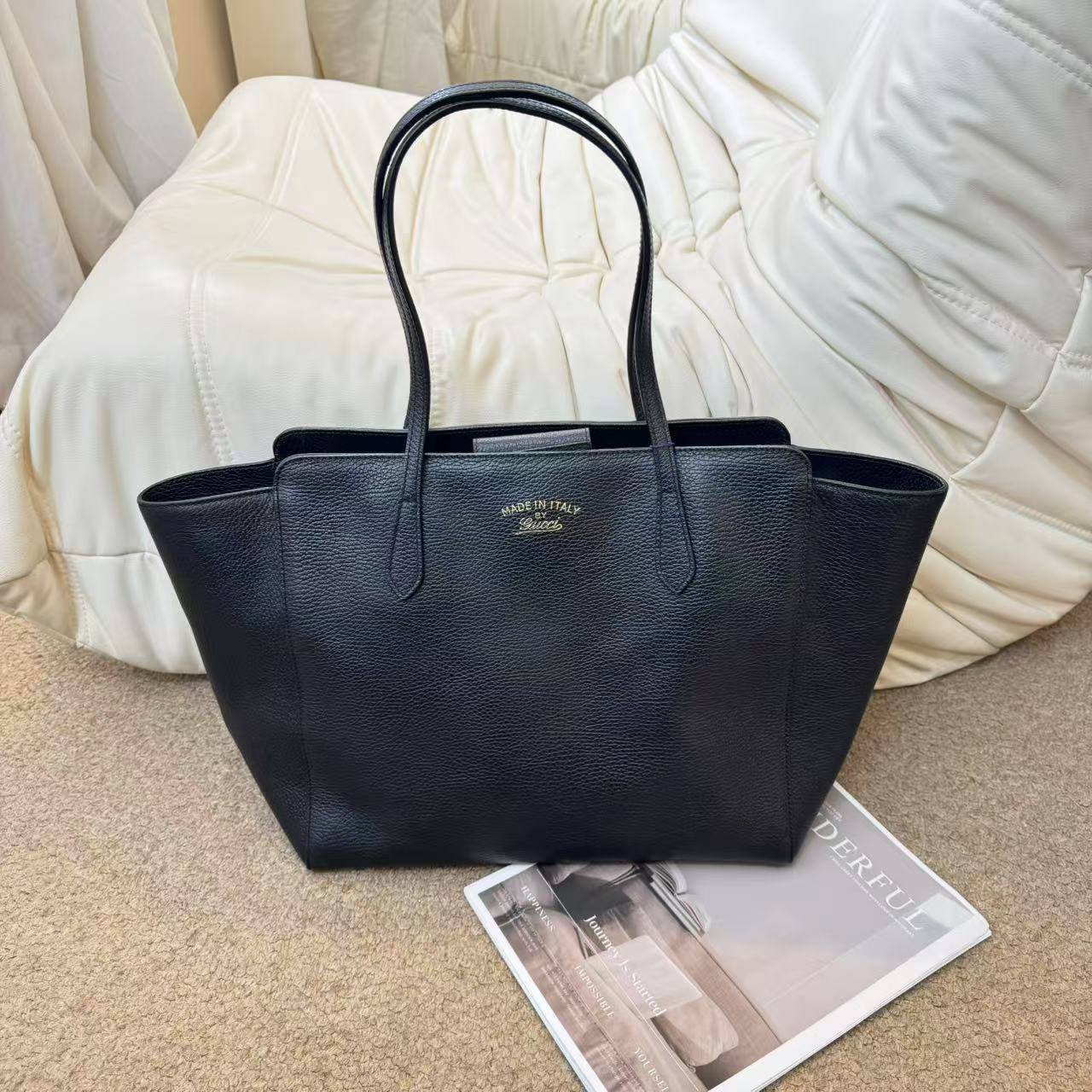 95新 GUCCI/古驰 Gucci 黑色 荔枝牛大号秋千包/642785763