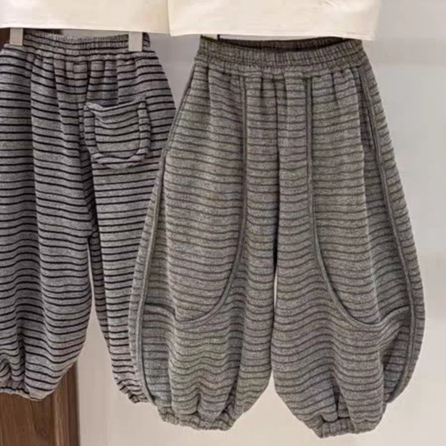 韩国童装2025冬季新款儿童复古森系加绒加厚条纹休闲裤宝宝卫裤