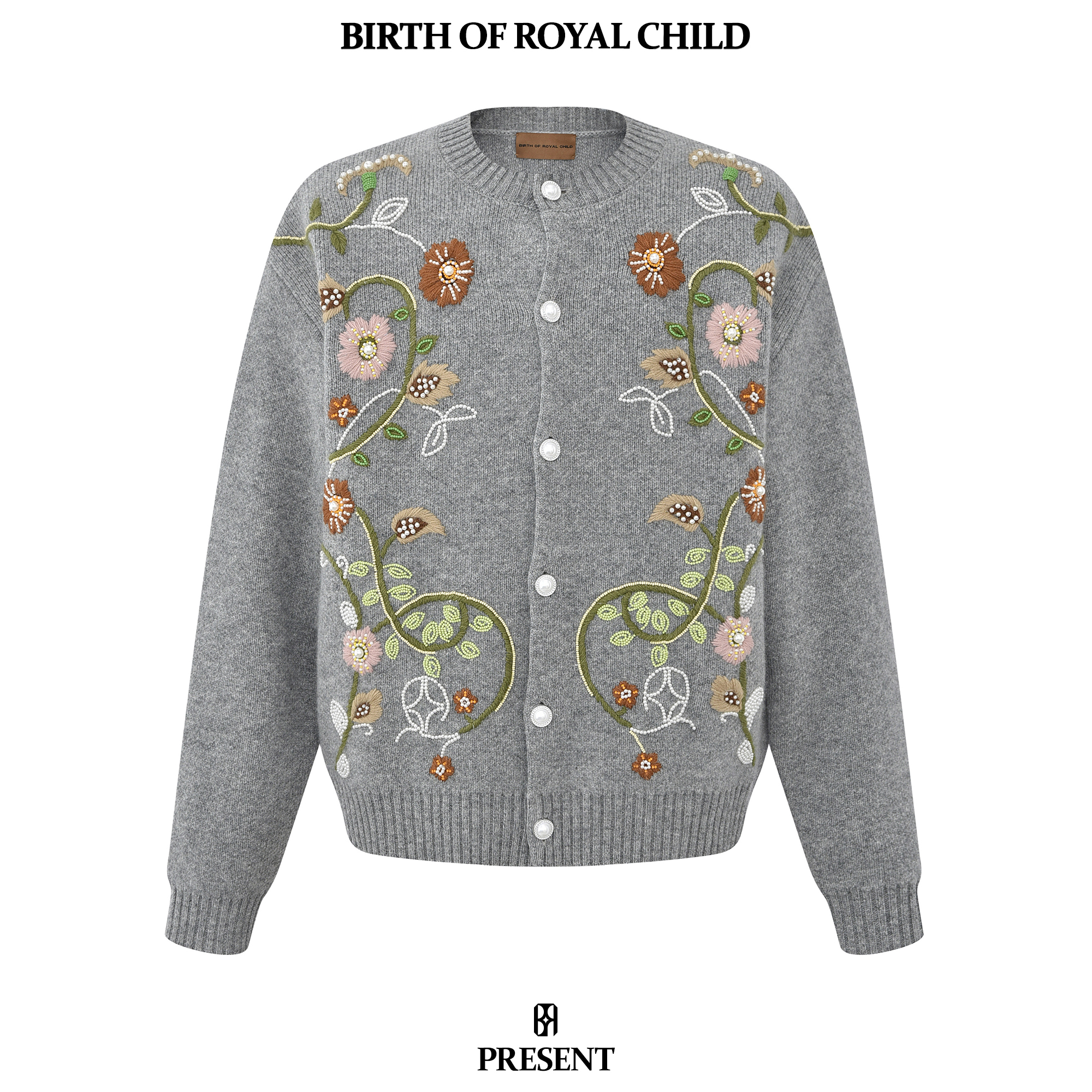 BIRTH OF ROYAL CHILD.BORC 手绣花卉珍珠开衫男羊毛开衫针织百搭