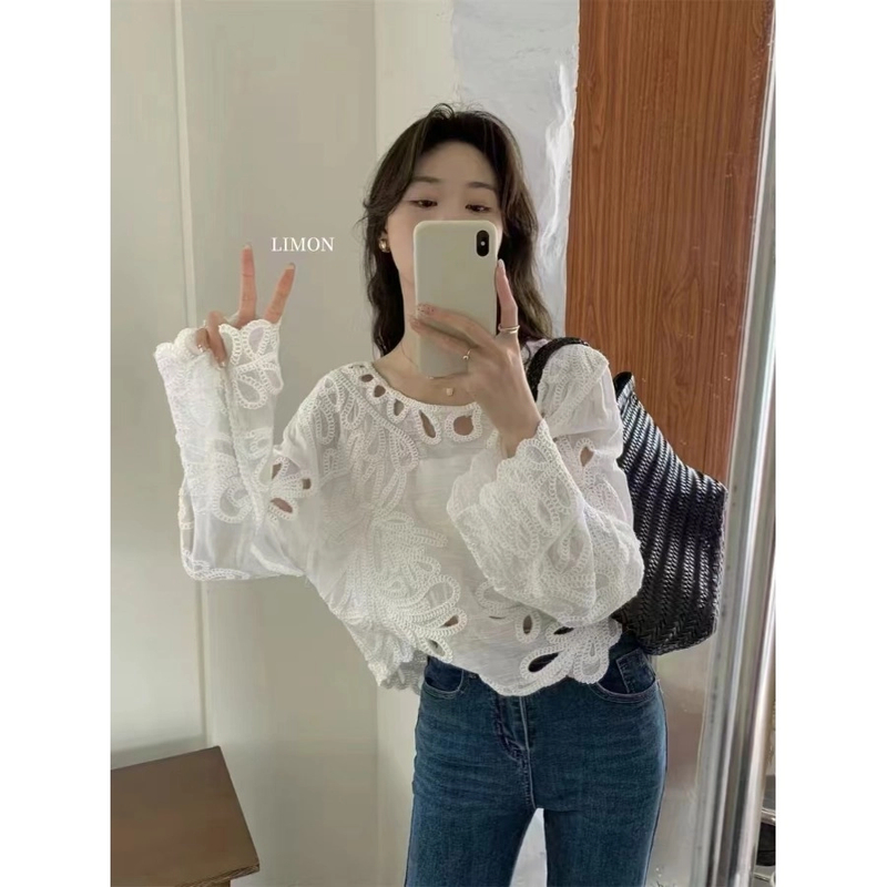 法式镂空蕾丝刺绣白色衬衫2024早秋新款女装甜美宽松韩版圆领上衣