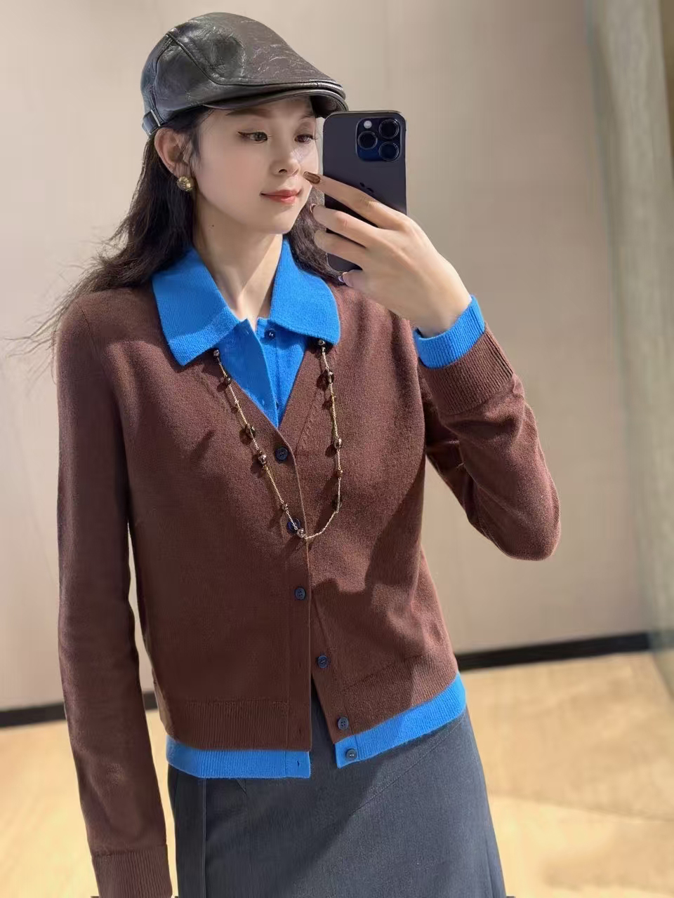 {专柜正品}2026春季新款翻领撞色拼接针织衫毛衣假两件开衫848001