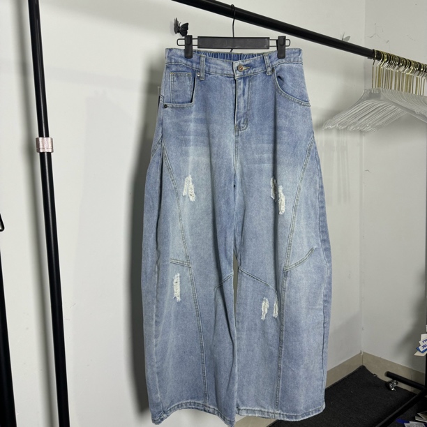 美式高街涂鸦街头风心搭扣高腰显瘦阔腿直筒牛仔裤