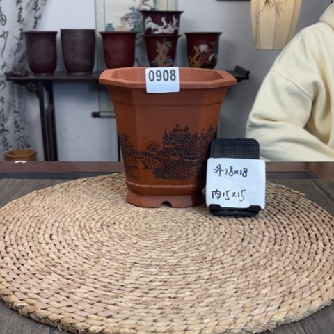 紫砂花盆超精品红降坡通身江南水乡刻绘0908