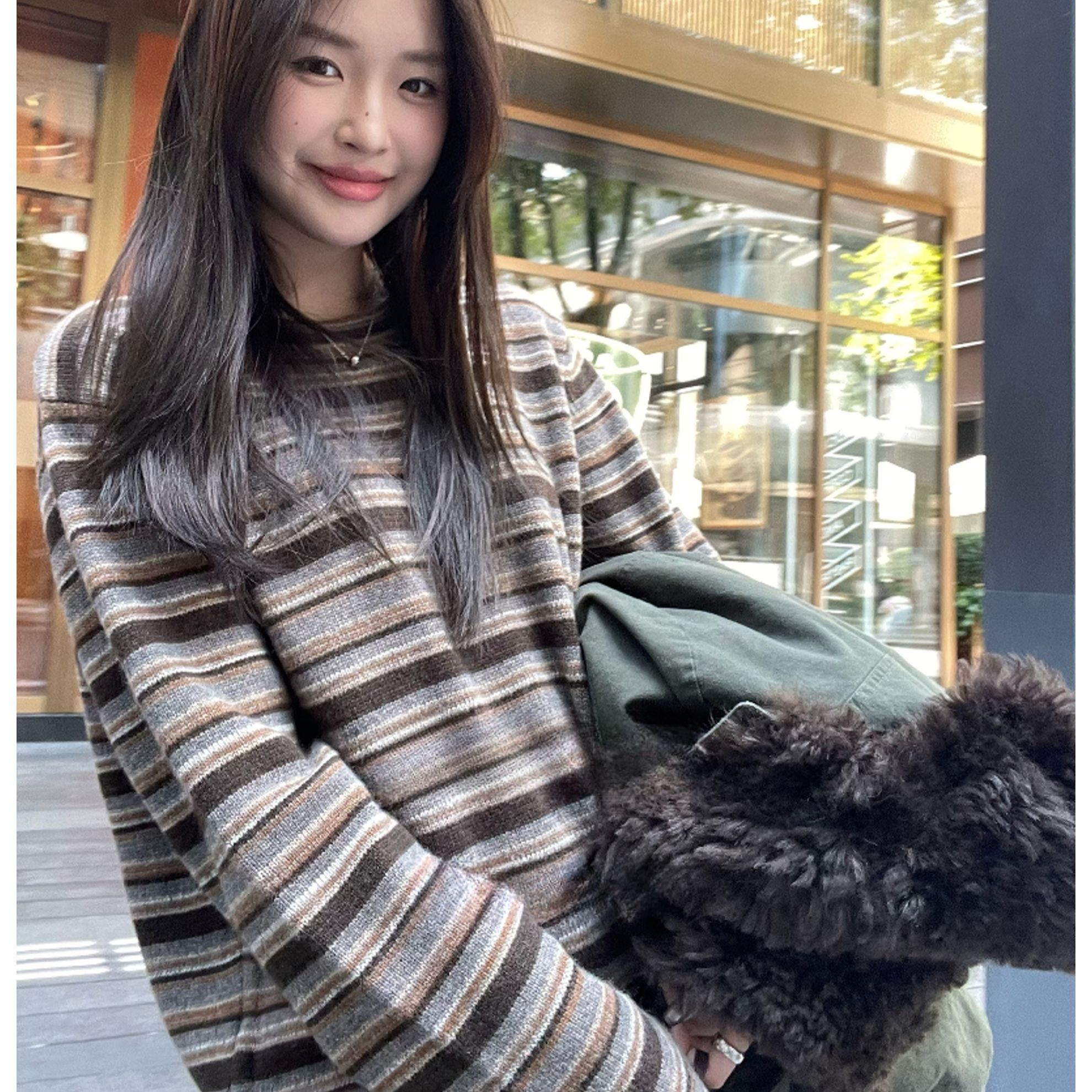 COCO ZHANG& BIZ韩系慵懒复古条纹圆领毛衣1144