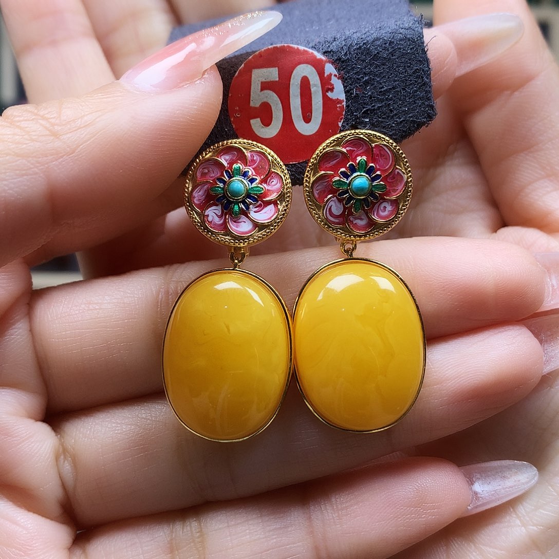 蜜蜡耳饰银S925镶嵌耳坠