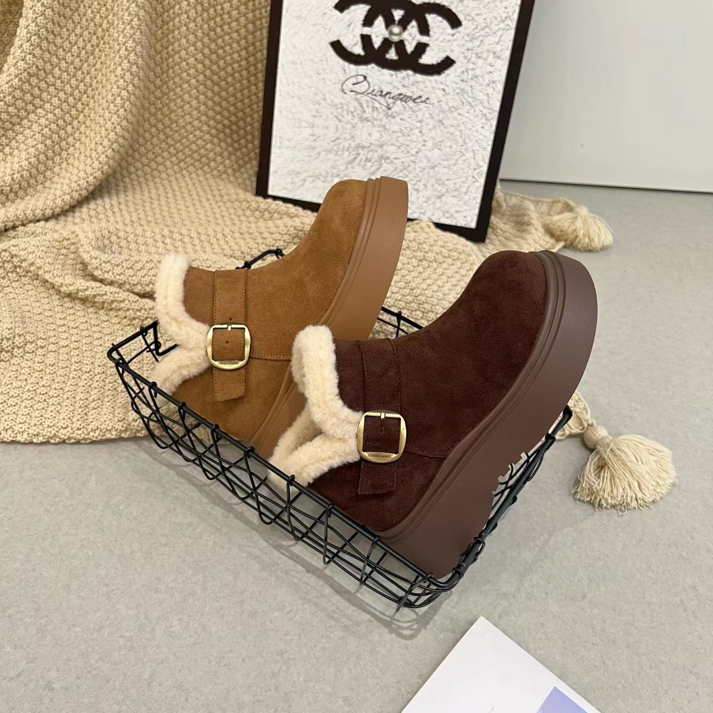 时尚高帮勃肯鞋女2025冬季新款加绒保暖复古百搭一脚蹬厚底棉鞋