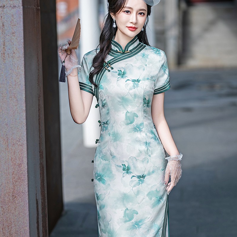 日常中国风高腰裙植物花卉旗袍裙子中长款脏脏风国风