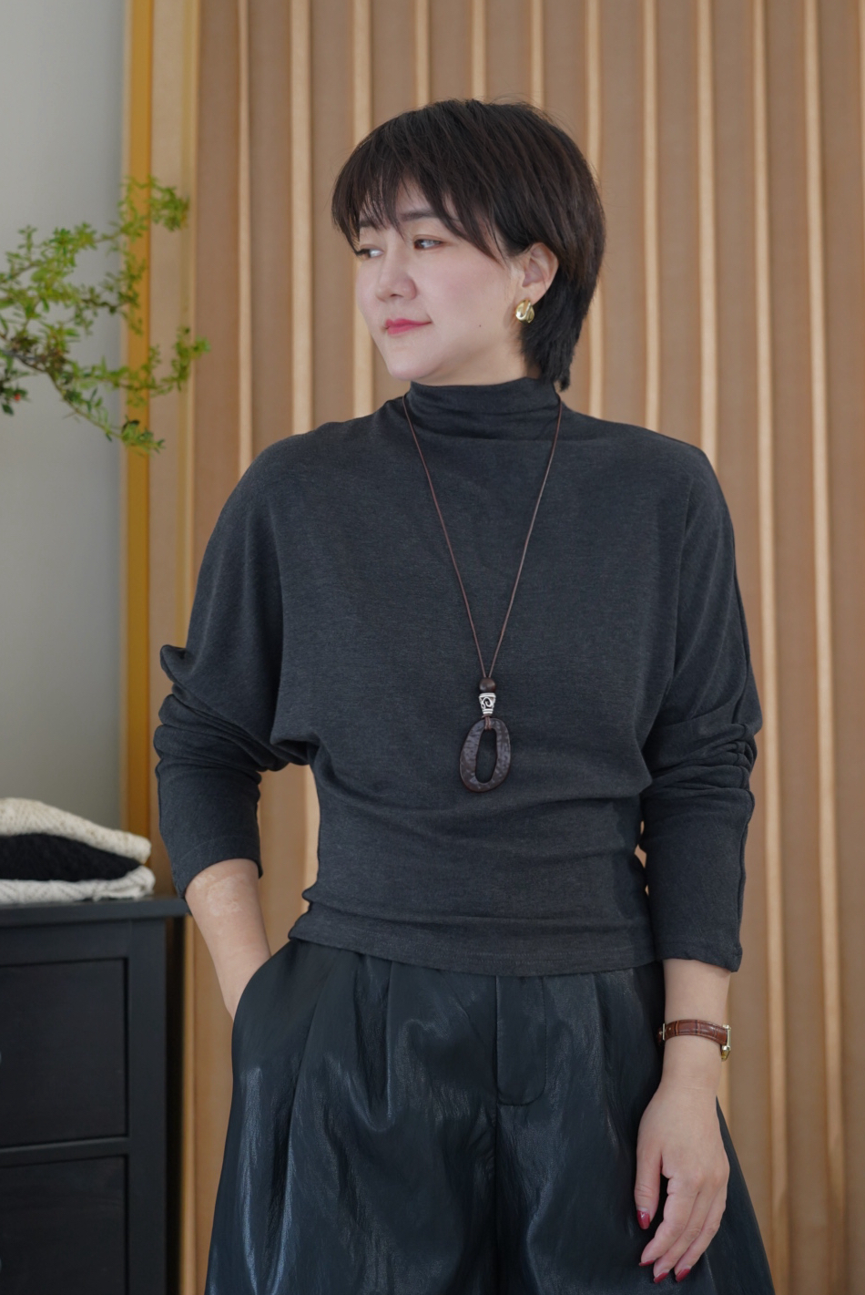 2106【柔衫】秋季新款简约女半高领慵懒风百搭堆堆领上衣打底