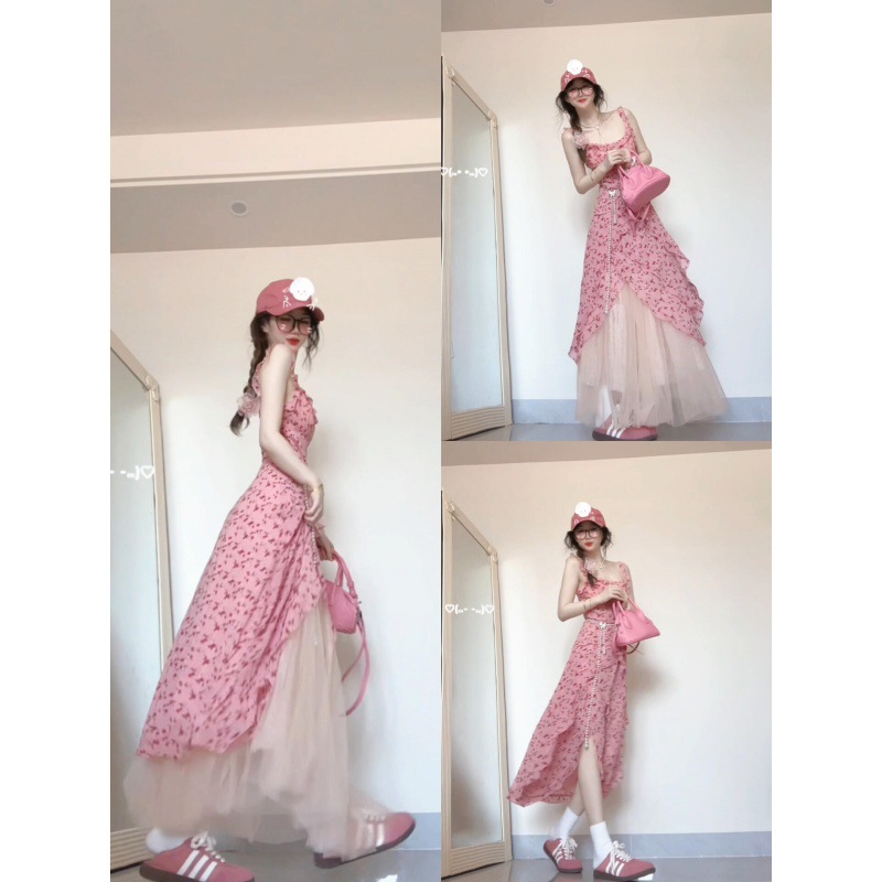 法式碎花吊带连衣裙女设计感小众荷叶边气质收腰长裙两件套
