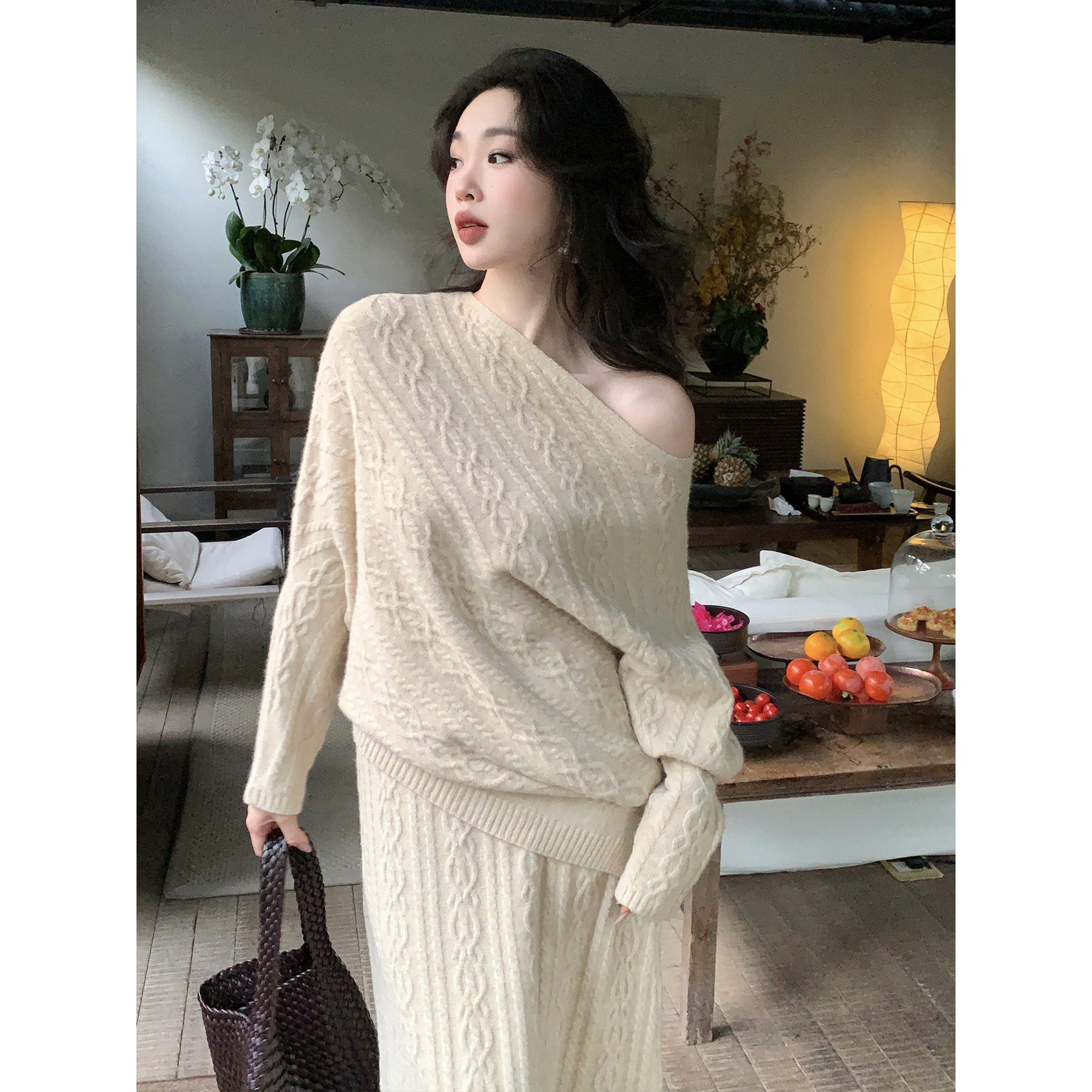 SYT自制 法式慵懒感羊毛抗起球麻花斜肩纯色针织毛衣套装连衣裙