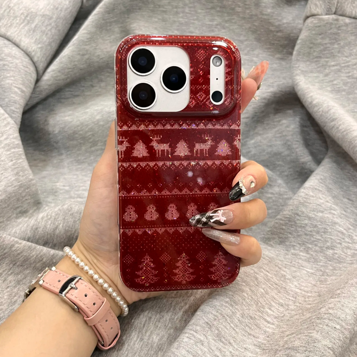 ins费尔岛闪粉红色圣诞适用苹果17promax手机壳iphone16pro新款14