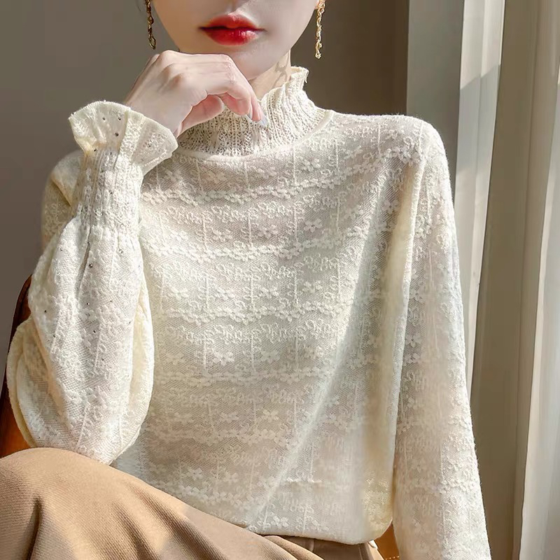 百搭套头洋气极简风女蕾丝修身毛衣洋气针织衫打底衫黑色打底衫女