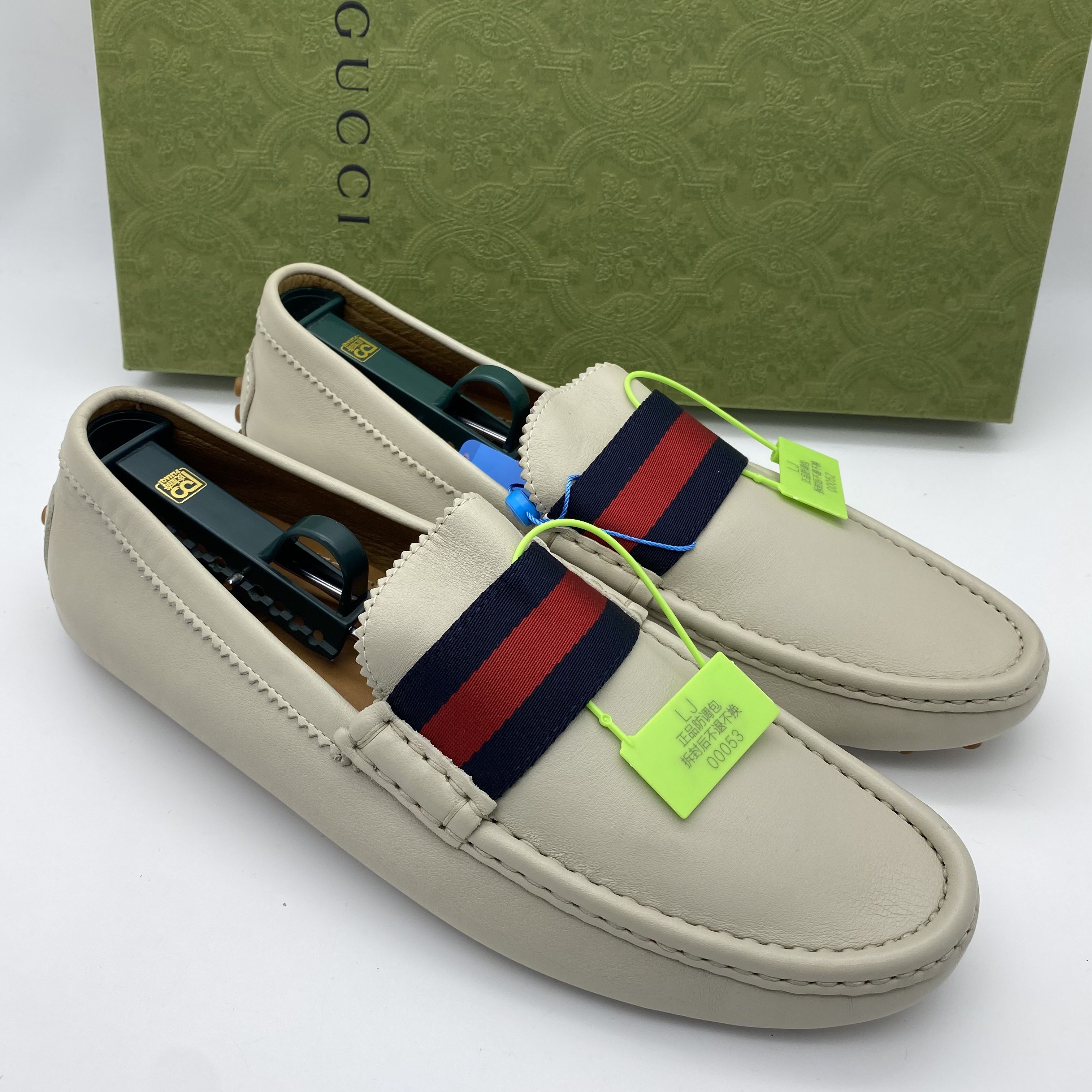 99新 GUCCI/古驰 43码/米白经典双色织带休闲豆豆鞋/全套未使用
