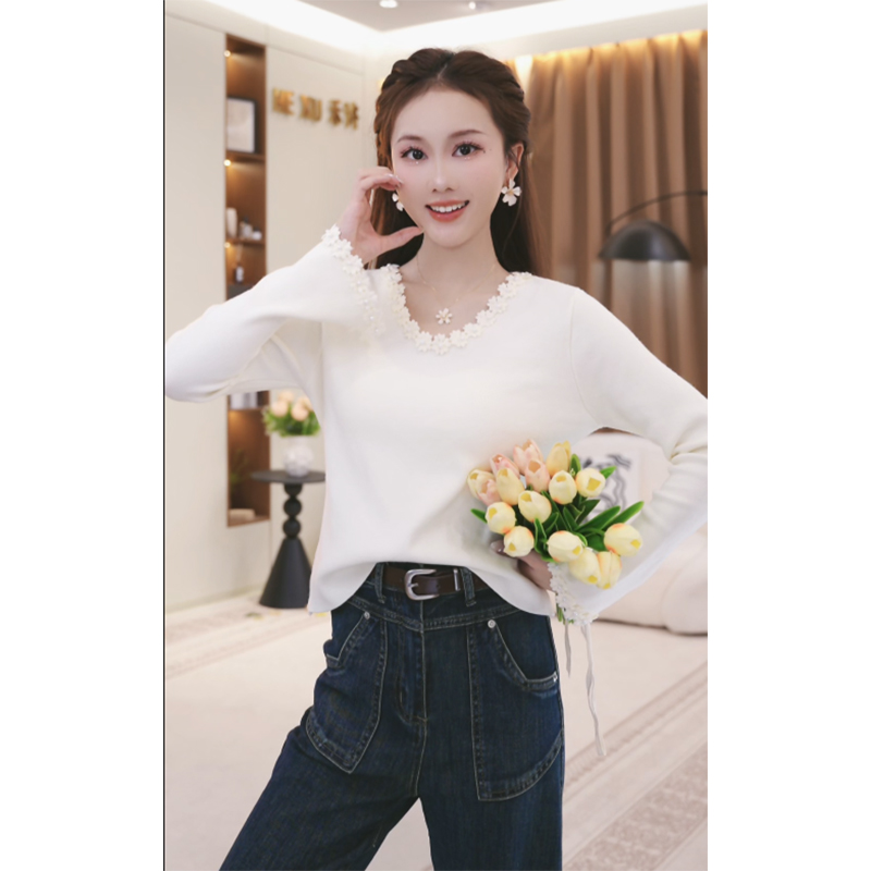 法式花边拼接显瘦长袖针织衫女2025秋款设计感小众上衣TU32039