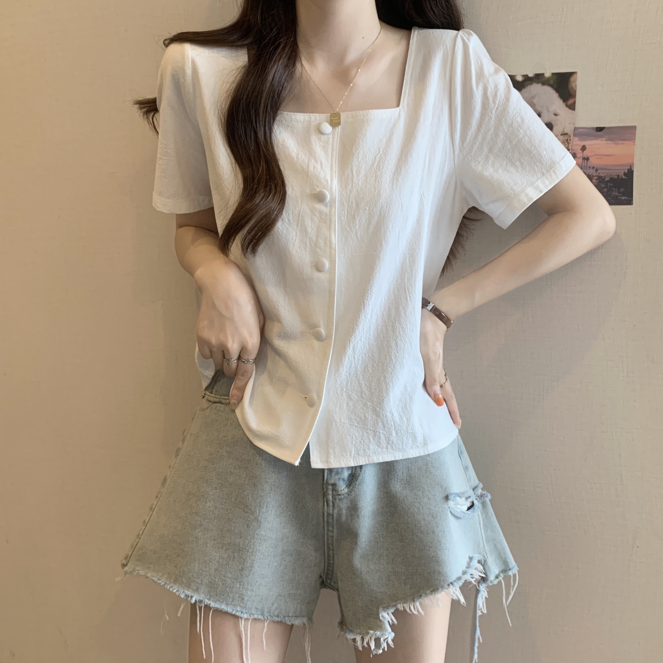 3979大码女装夏法式复古方领衬衫短袖衫女设计感小众别致上衣5357