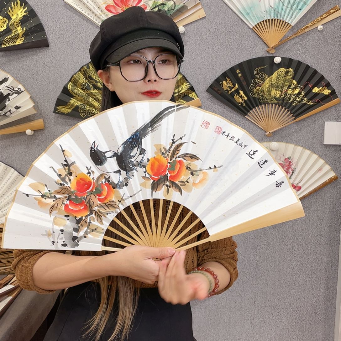 国画10寸玉竹-纯手绘-文玩扇骨（默认粘好）