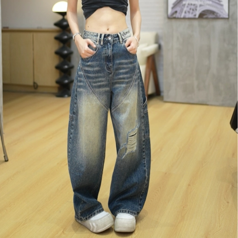 JIANGZHUO【QH89070ZL】美式复古设计感假破洞弯刀堆堆裤