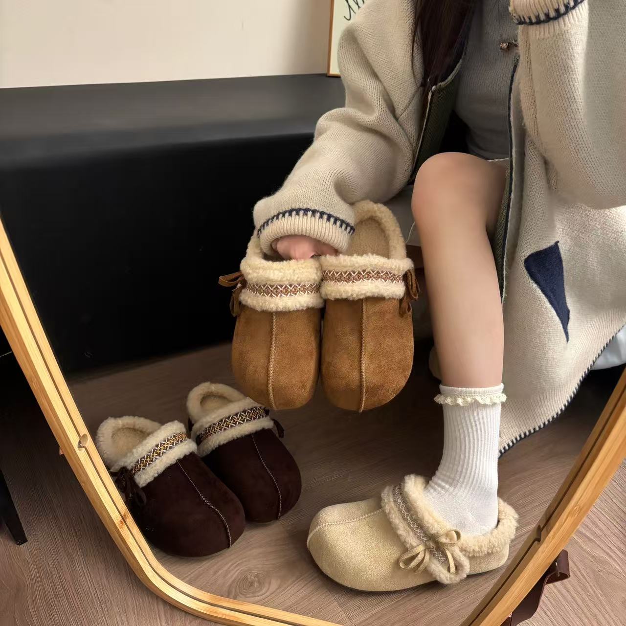 厚底百搭刺绣设计感加绒2025女款内增高冬季新款韩版勃肯鞋包头拖