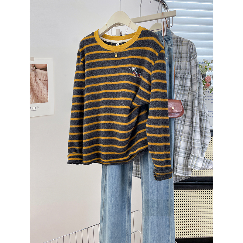 厚款磨毛条纹刺绣长袖打底衫冬款爆款宽松小众百搭别致女装上衣服