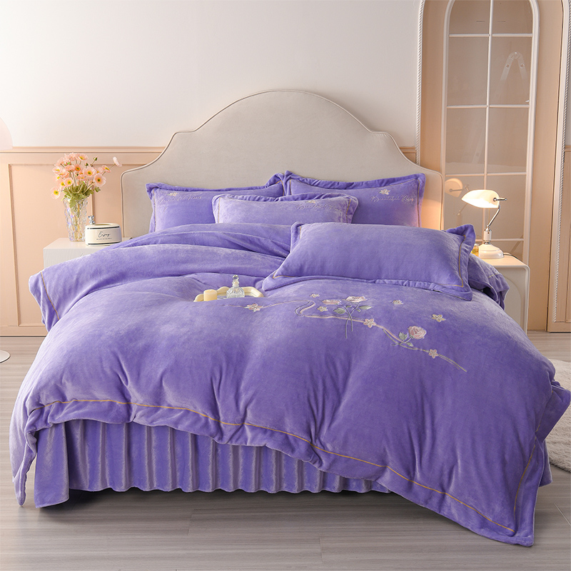 【床盖款】加绒加厚牛奶绒四件套冬季保暖绣花款双面绒被套床裙床品