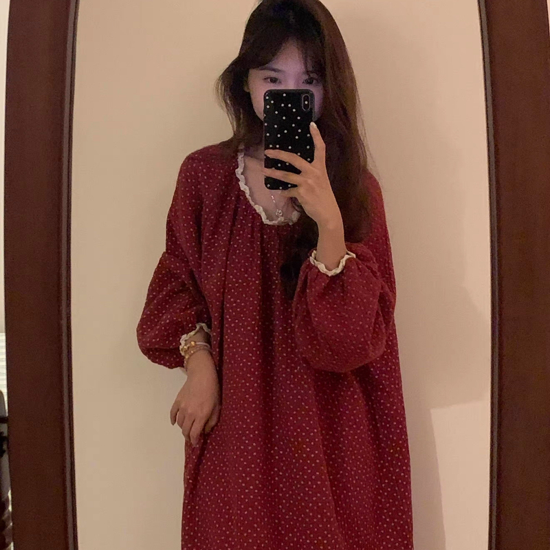 【富贵女人】春秋长袖云朵棉睡衣新年甜美风红波点少女蕾丝花边睡裙