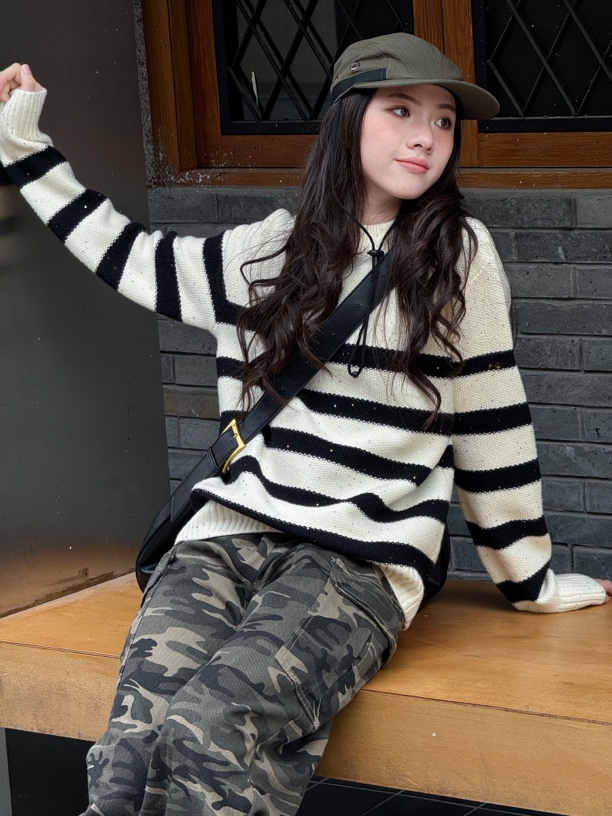 条纹长袖圆领韩版女大童宽松毛针织衫时尚套头休闲外穿慵懒风