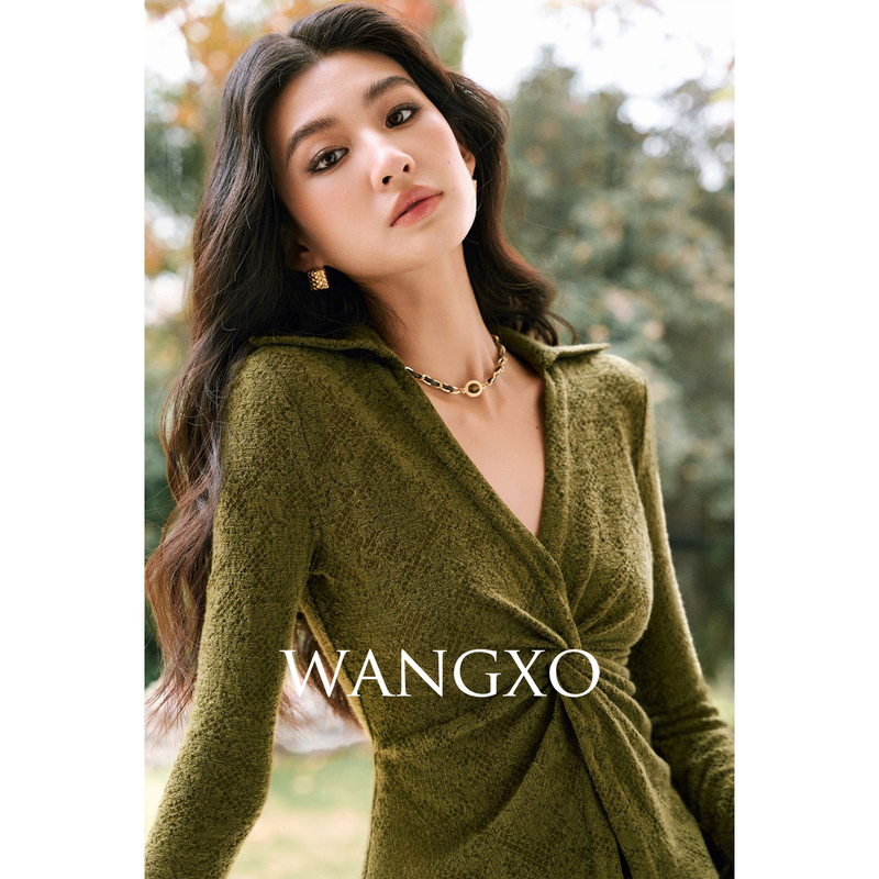 WANGXO 扭结羊毛提花V领修身显瘦上衣 2501615W