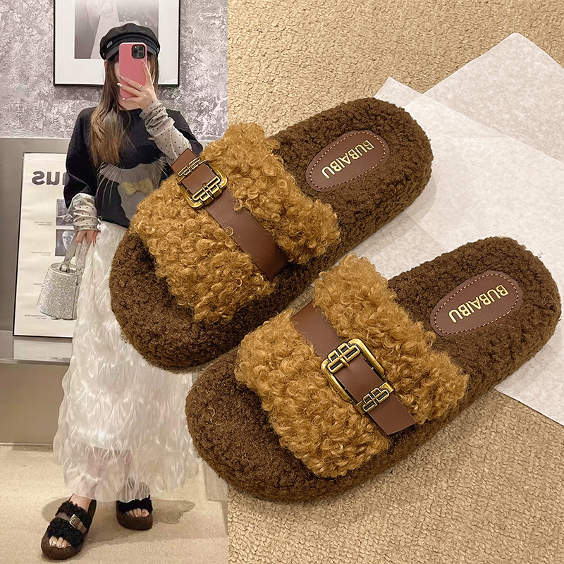 2025秋冬新款8826-6卷毛金扣居家棉拖鞋外穿毛毛拖保暖时尚
